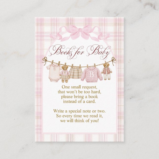Pink Preppy Teddy Bear Girl Baby Shower books Enclosure Card (Front)