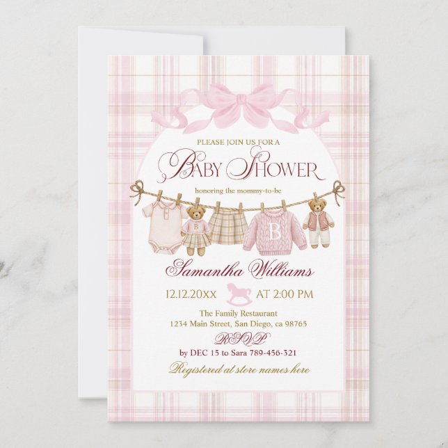 Pink Preppy Teddy Bear Girl Baby Shower Plaid Bow Invitation (Front)