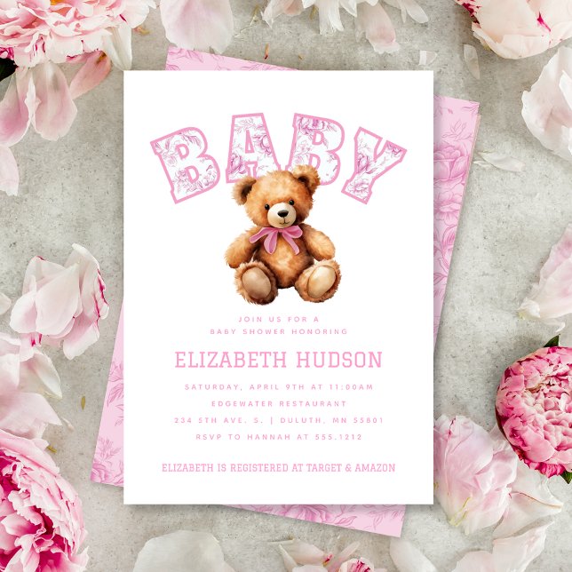 Pink Preppy Varsity Teddy Bear Baby Shower Invitation (Pink Preppy Varsity Teddy Bear Baby Shower Invitation)