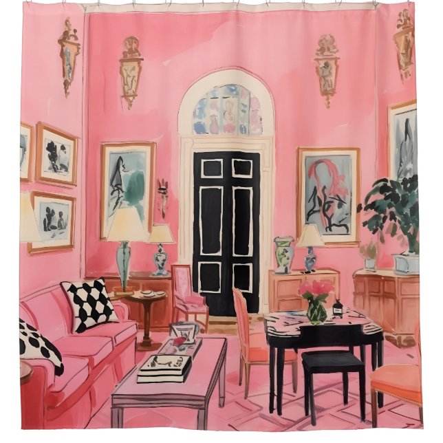 Pink Preppy Watercolor Shower Curtain (Front)