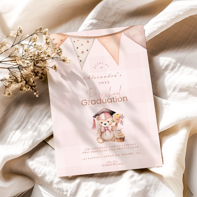 Pink Preschool Teddy Bear Graduation Invitation (Creator Uploaded)