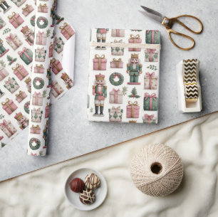 Pink Presents with Holiday Nutcracker Wrapping Paper