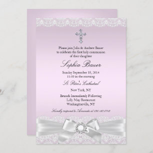 Pink Pretty Bow & Cross Holy Communion Invitation
