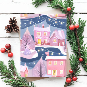 Pink Pretty Christmas Town Watercolor Girly Holiday Postcard