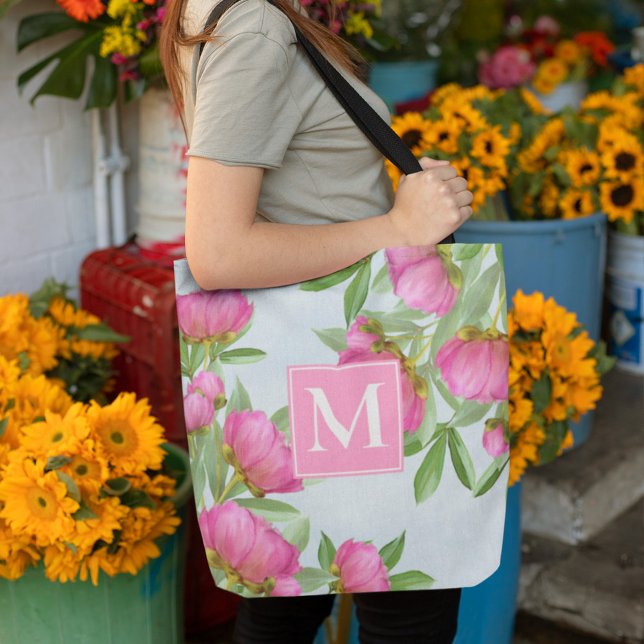 Pink Pretty Floral Monogram Personalised Tote Bag (Creator Uploaded)