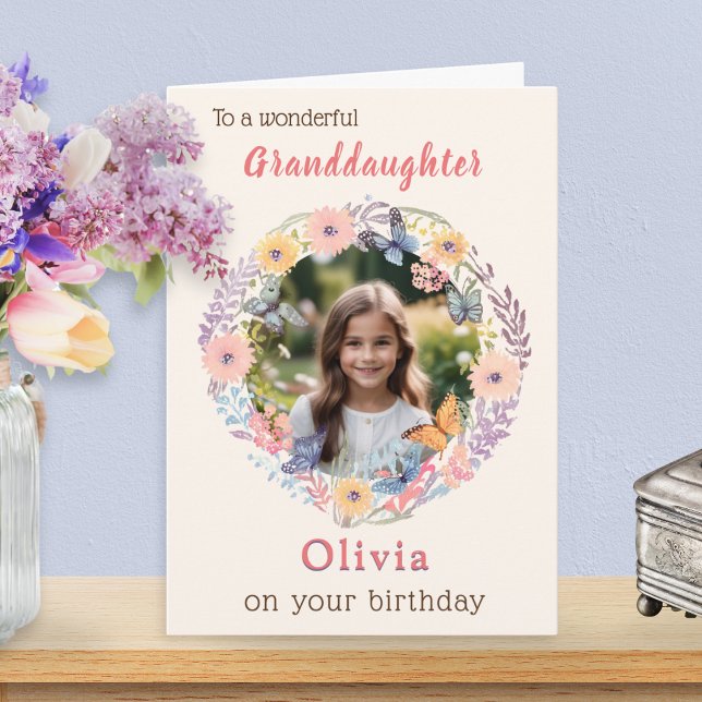 Pink Pretty Flowers Granddaughter Photo Birthday Card (A custom floral birthday card for a granddaughter, personalized with name and photo)