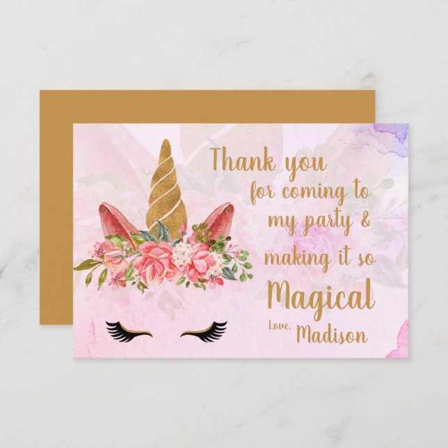  Pink Pretty Paste Floral Unicorn Birthday Thank You Card (Front/Back)