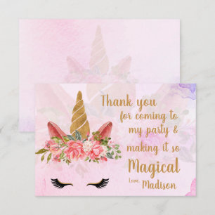 Pink Pretty Paste Floral Unicorn Birthday Thank You Card