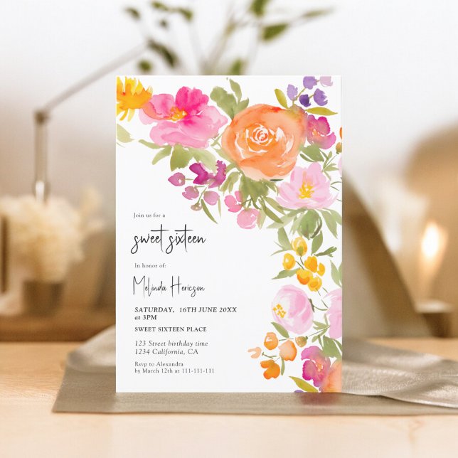 Pink Pretty romantic summer floral sweet 16 Invitation (Pink Pretty romantic summer floral sweet 16 Invitation on white)