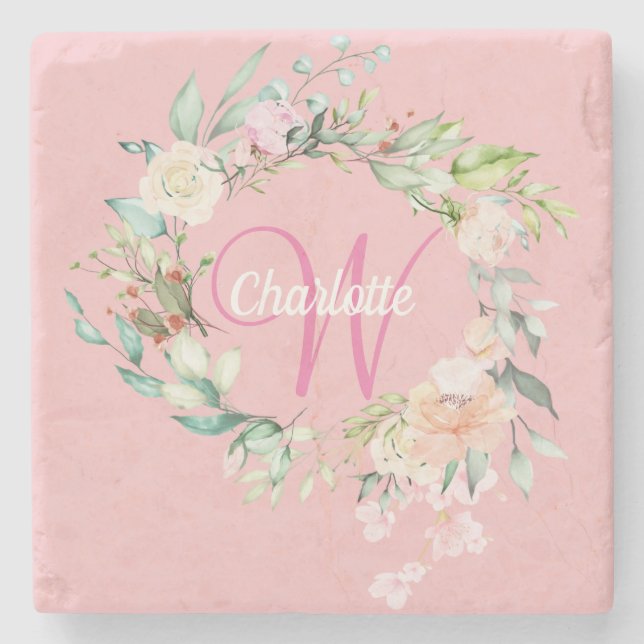 Pink Pretty Roses Floral Elegant Script Monogram Stone Coaster (Front)