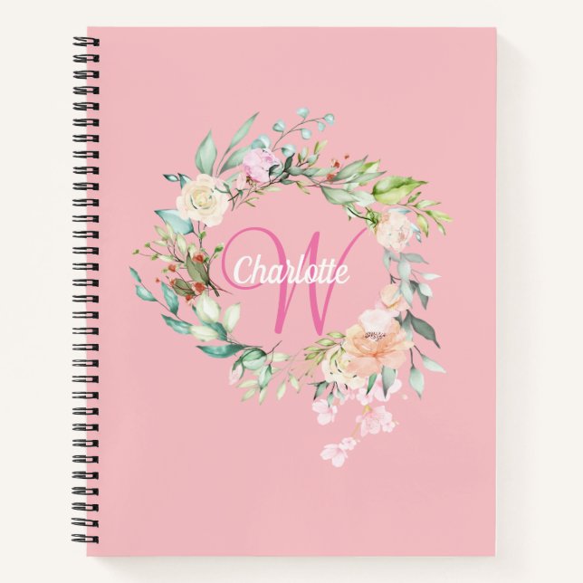 Pink Pretty Roses Floral Monogram Girly Script Notebook (Front)