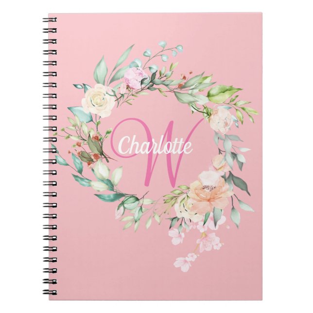 Pink Pretty Roses Floral Monogram Notebook (Front)