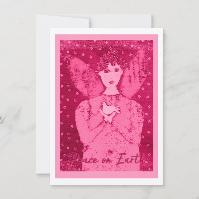 Pink Primitive Angel with White Dove Holiday Card (Front)