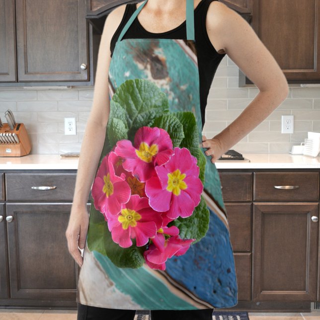 Pink Primrose Aqua Blue Colourful Floral Rustic Apron (Creator Uploaded)