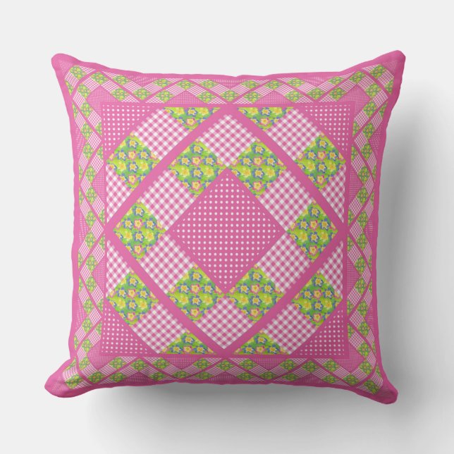 Pink, Primroses, Polkas and Gingham Cushion (Front)
