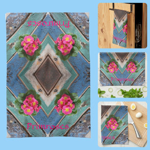 Pink Primroses Rustic Blue Green Boatboard Tea Towel