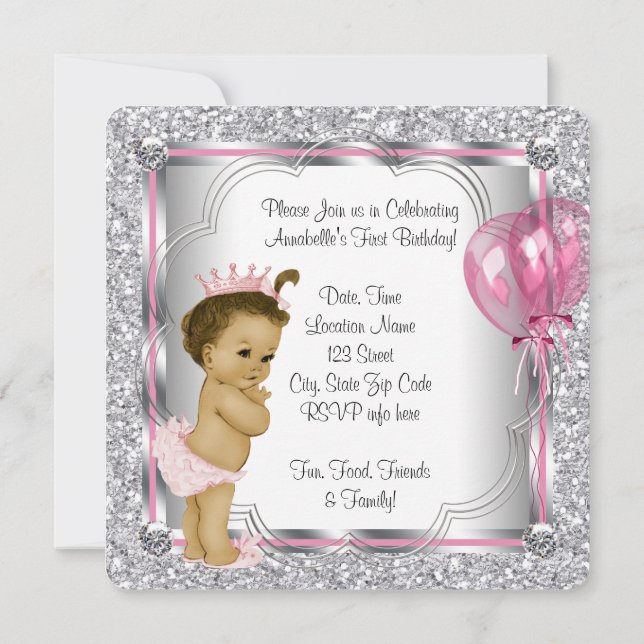 Pink Princess 1st Birthday Party Invitation (Back)