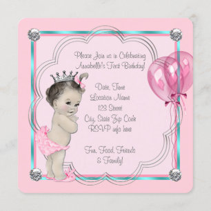 Pink Princess 1st Birthday Party Invitation