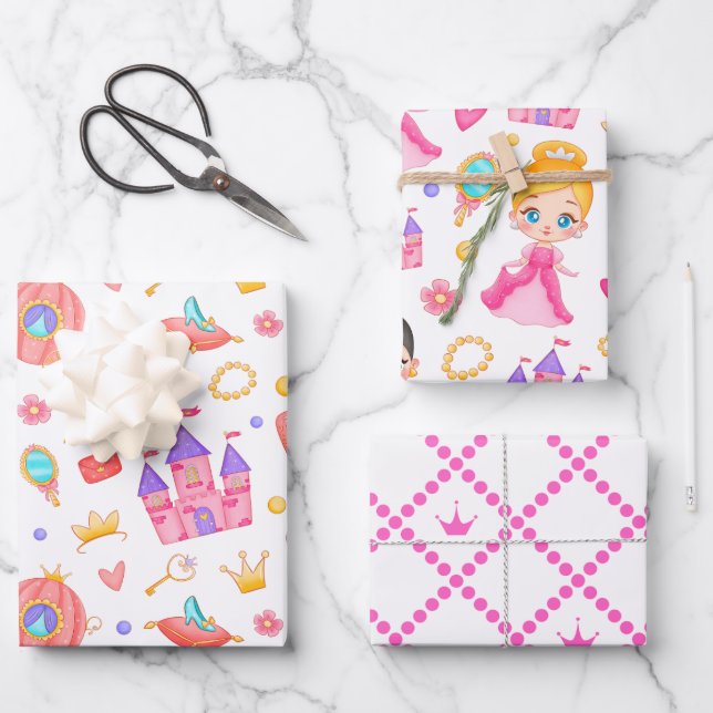 Pink Princess and Castle with Pattern  Wrapping Paper Sheet (Front)