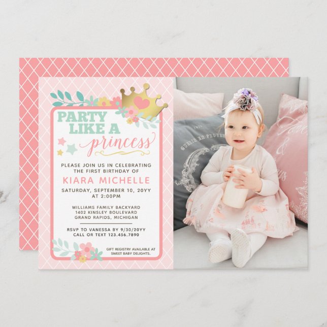 Pink Princess Baby Girl First Birthday Invitation (Front/Back)