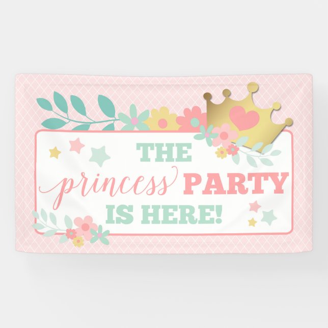 Pink Princess Baby Girl First Birthday Party Banner (Horizontal)