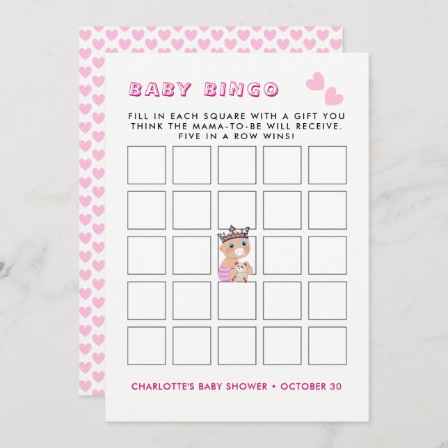 Pink Princess Baby Shower Baby Bingo Game Invitation (Front/Back)
