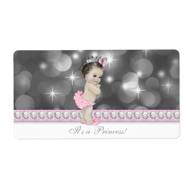 Pink Princess Baby Shower Water Bottle Labels (Front)