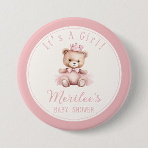 Pink Princess Bear Baby Girl Baby Shower 7.5 Cm Round Badge