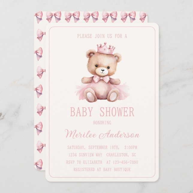 Pink Princess Bear Baby Girl Baby Shower Invitation (Front/Back)