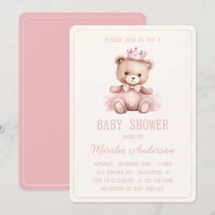 Pink Princess Bear Baby Girl Baby Shower Invitation