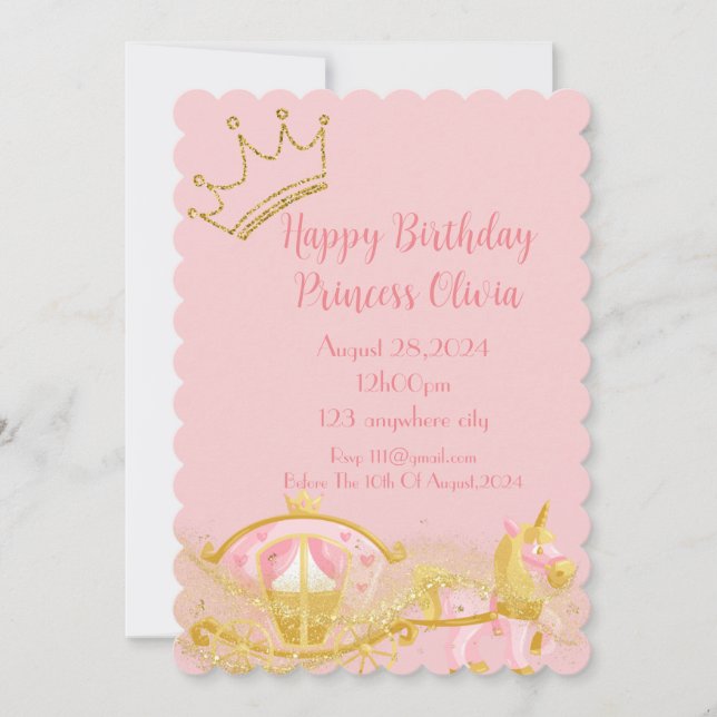 pink princess birthday invitation for girls (Front)