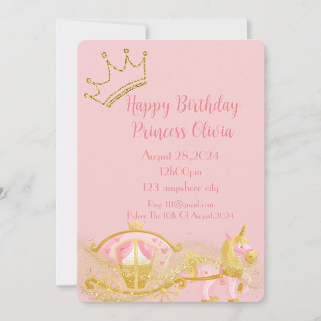 pink princess birthday invitation for girls (Front)
