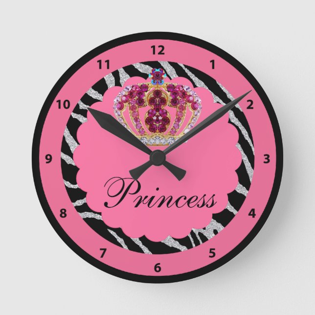 Pink Princess Bling Crown & Zebra Print Clock (Front)