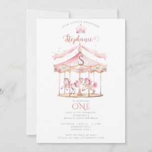 Pink Princess Carousel Magical 1st Birthday Girl Invitation