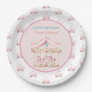 Pink Princess Carousel Magical 1st Birthday Girl Paper Plate