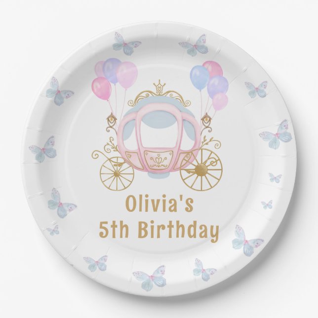 Pink Princess Carriage Butterfly Girl Birthday Paper Plate (Front)