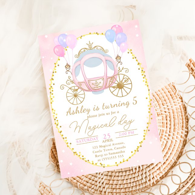 Pink Princess Carriage Girl Birthday Party Invitation (Creator Uploaded)
