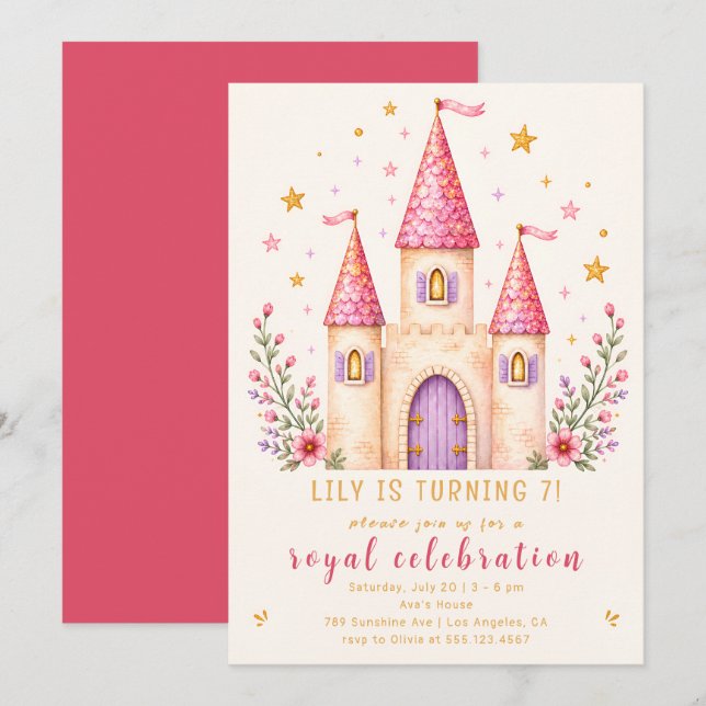 Pink Princess Castle 7th Birthday Invitation (Front/Back)