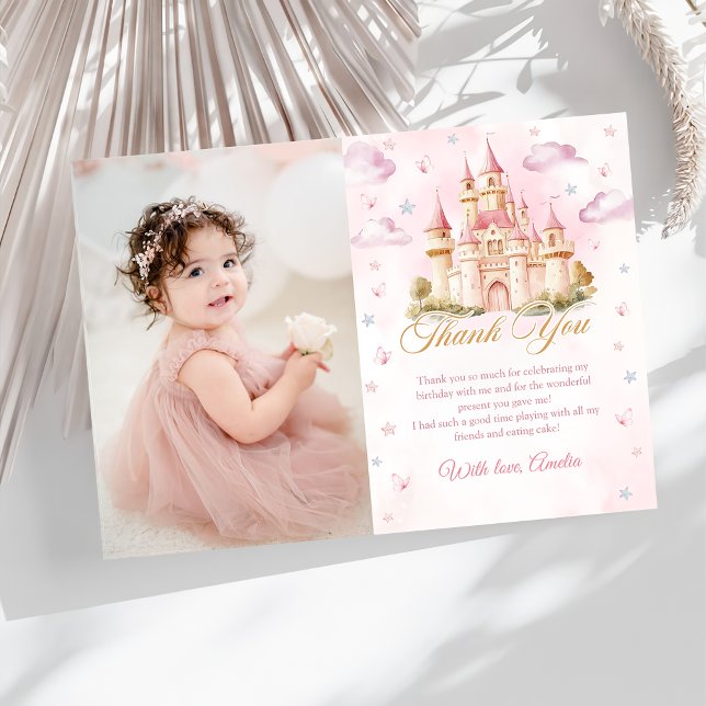 Pink Princess Castle Birthday Photo Thank You Card (Creator Uploaded)