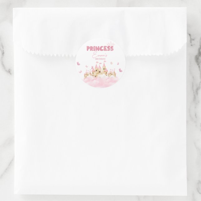 Pink Princess Castle Crown Butterflies Clouds Classic Round Sticker (Bag)