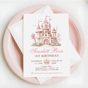 Pink Princess Castle Floral 1st Birthday Party Invitation
