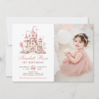 Pink Princess Castle Floral 1st Birthday Photo Invitation