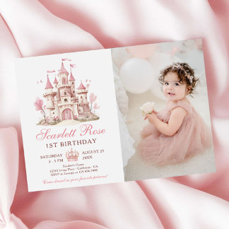 Pink Princess Castle Floral 1st Birthday Photo Invitation