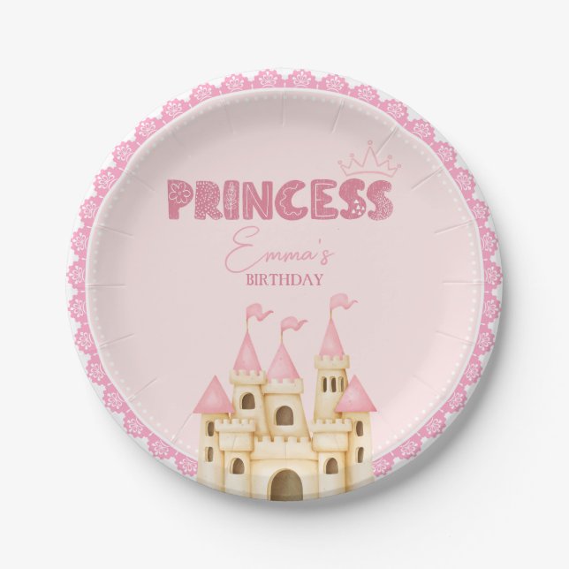 Pink Princess Castle Floral Enchanting Birthday Paper Plate (Front)