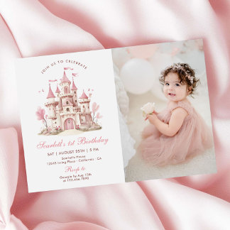 Pink Princess Castle Floral Girl's Birthday Photo Invitation