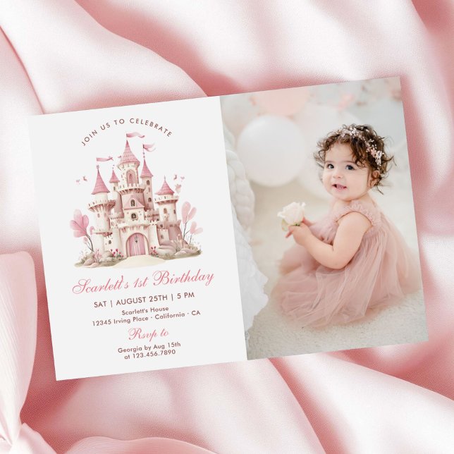 Pink Princess Castle Floral Girl's Birthday Photo Invitation (Creator Uploaded)