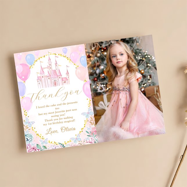 Pink Princess Castle Girl Birthday Photo Thank You Card (Creator Uploaded)