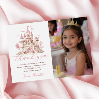 Pink Princess Castle Girl's Birthday Party Photo Thank You Card