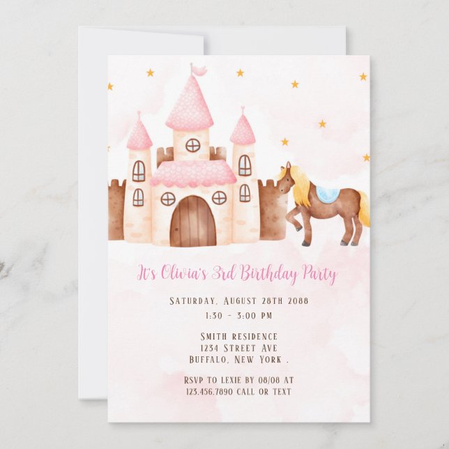 Pink Princess Castle Horse Birthday Party Invitation (Front)