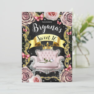 Pink Princess Chair Roses & Butterflies Sweet 16   Invitation